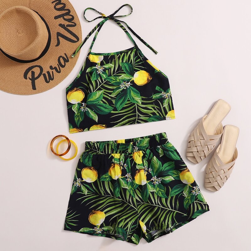 

Lemonade And Tropical Print Halter Top & Shorts, Multicolor