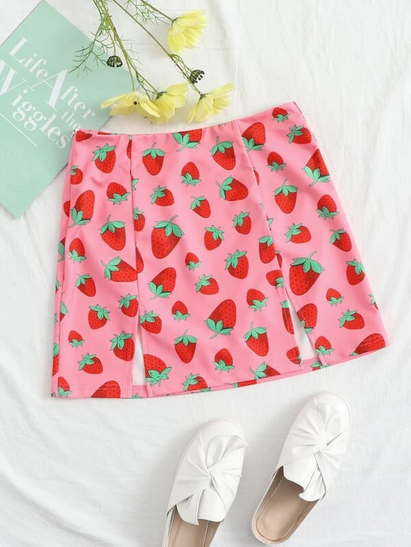 Strawberry Print M-Slit Mini Skirt 