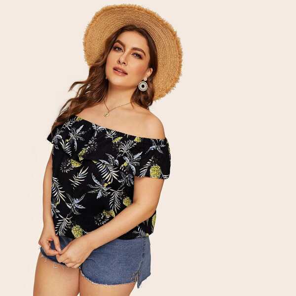 

Блуза размера плюс с ананасовым принтом, Чёрный