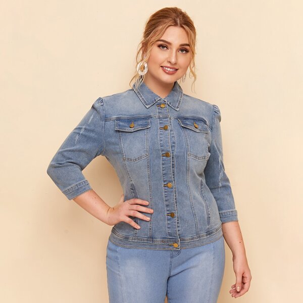 

Plus Puff Sleeve Buckle Back Denim Jacket, Light wash