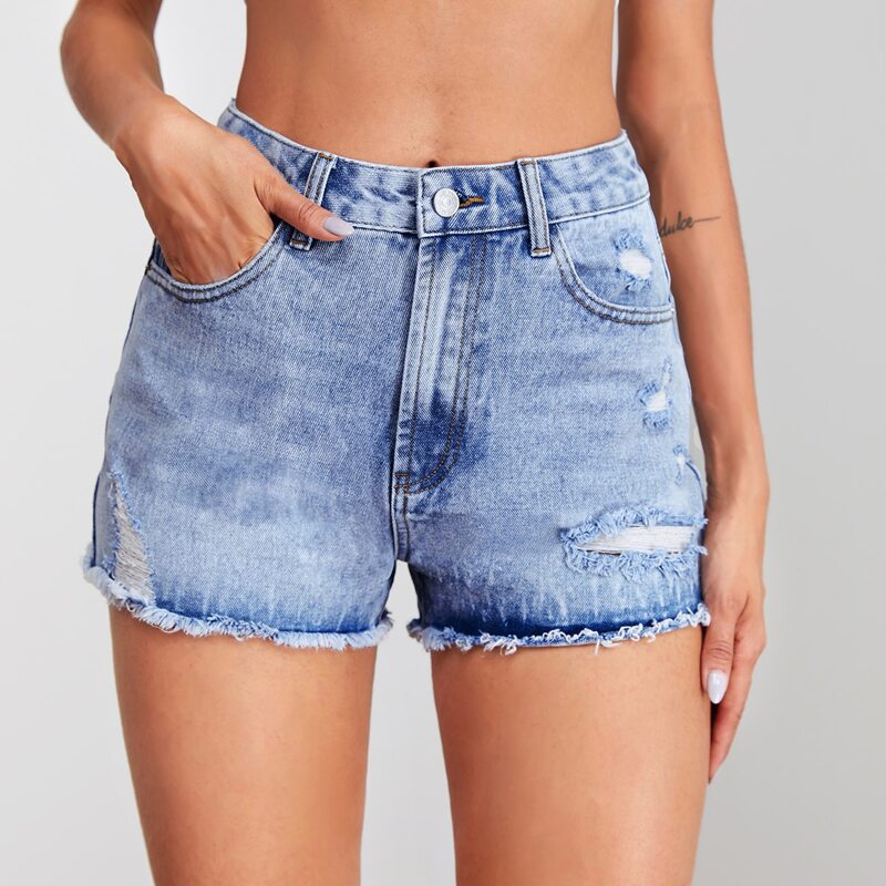 

Raw Hem Ripped Denim Shorts, Light wash