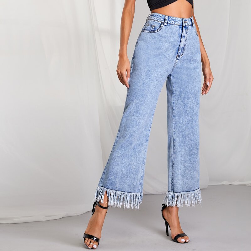 

Slant Pocket Fringe Hem Wide Leg Jeans, Light wash