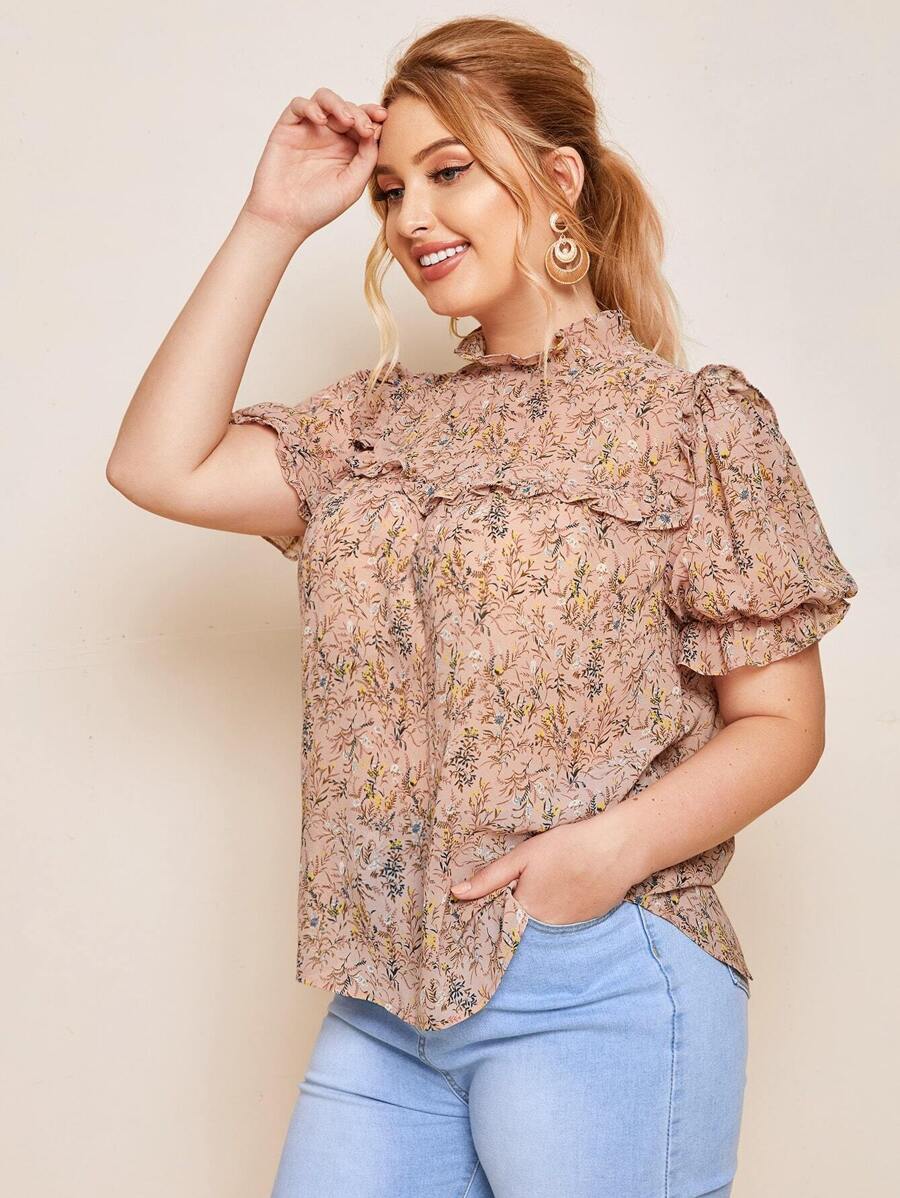 SHEIN Clasi Áo sơ mi Plus Size Nút Họa tiết hoa Bụi hồng Thanh lịch - Bụi hồng - Xem 1