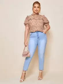 SHEIN Clasi Áo sơ mi Plus Size Nút Họa tiết hoa Bụi hồng Thanh lịch - Bụi hồng - Xem 3