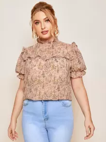 SHEIN Clasi Áo sơ mi Plus Size Nút Họa tiết hoa Bụi hồng Thanh lịch - Bụi hồng - Xem 4