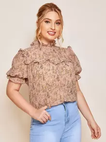 SHEIN Clasi Áo sơ mi Plus Size Nút Họa tiết hoa Bụi hồng Thanh lịch - Bụi hồng - Xem 5