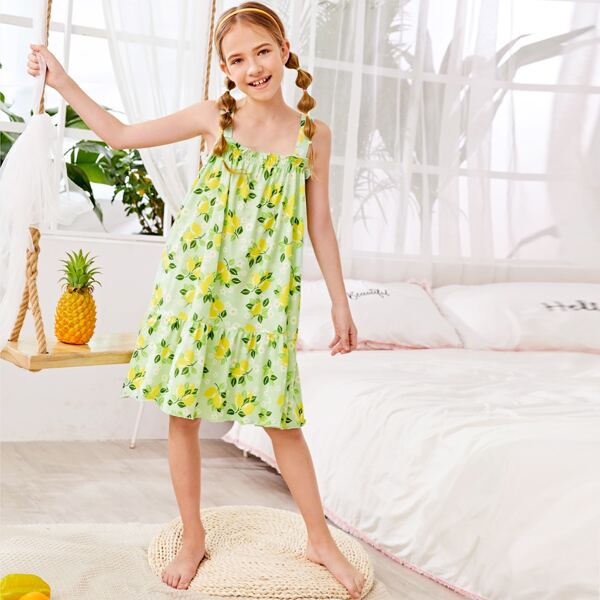 

Girls Allover Lemonade Print Ruffle Hem Slip Night Dress, Lime green