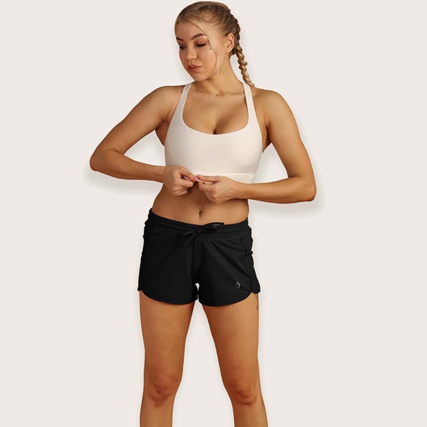 

Tie Waist Dolphin Hem Sports Shorts, Black