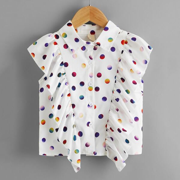 

Toddler Girls Polka Dot Ruffle Trim Blouse, White