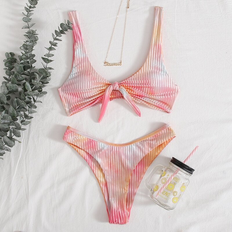 

Tie Dye Velvet Rib Knot Front Bikini Swimsuit, Coral pink