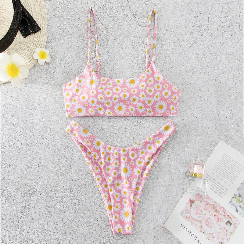 

Daisy Floral High Leg Bikini Swimsuit, Baby pink