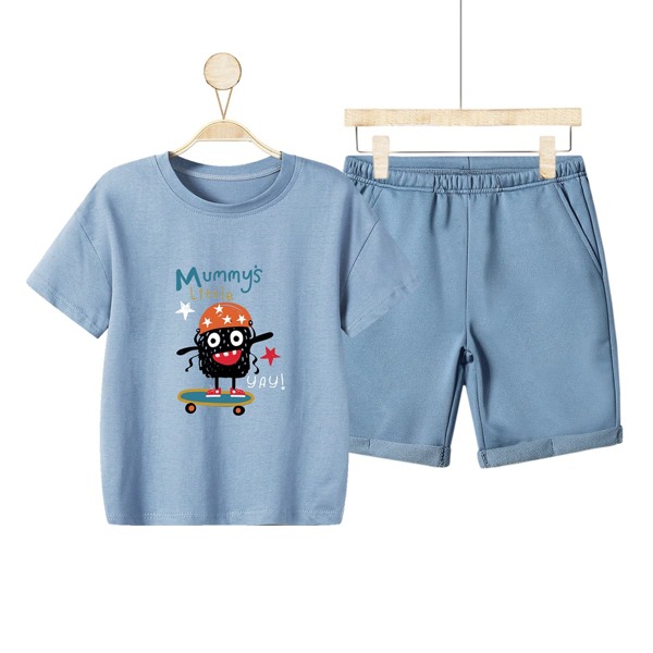 

Шорты и футболка с оригинальным принтом для мальчиков, Пыльно-синий