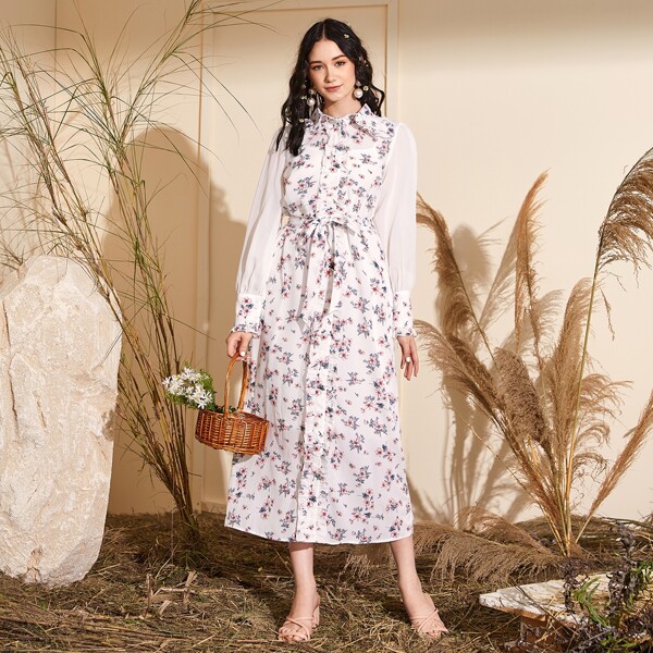 

Ruffle Trim Ditsy Floral Print Shirt Dress With Belt, Multicolor
