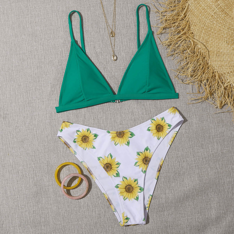 

Sunflower Print Triangle Bikini Swimsuit, Multicolor