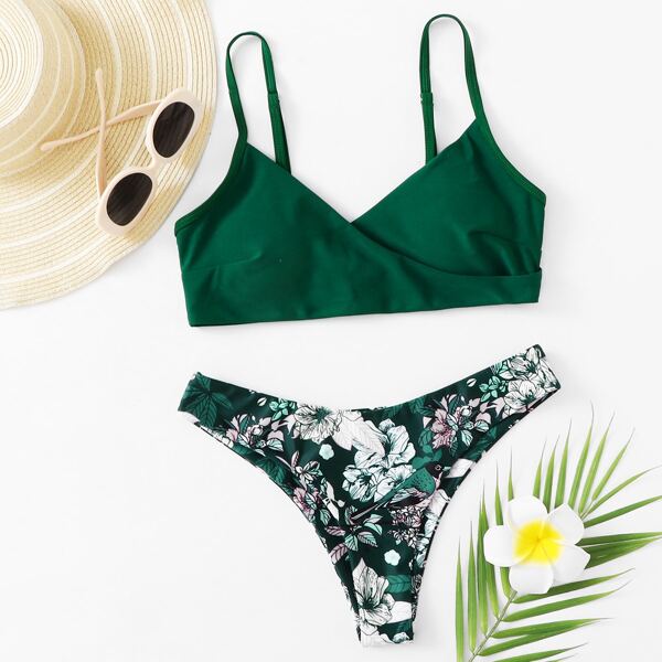 

Floral Print Surplice Neck Bikini Swimsuit, Dark green