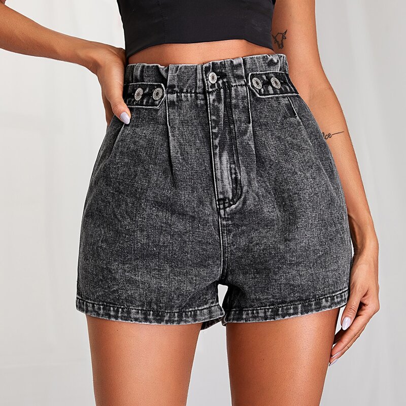 

Paperbag Waist Straight Leg Denim Shorts, Dark grey