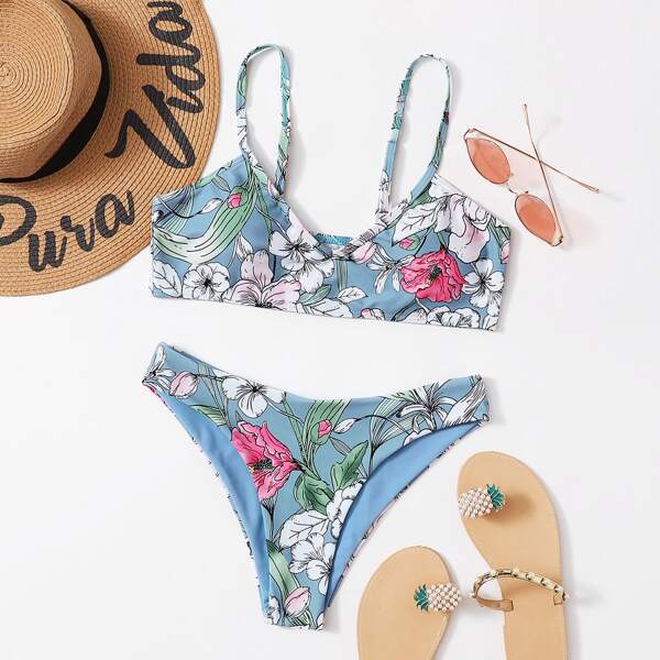 

Floral Print Bikini Swimsuit, Dusty blue
