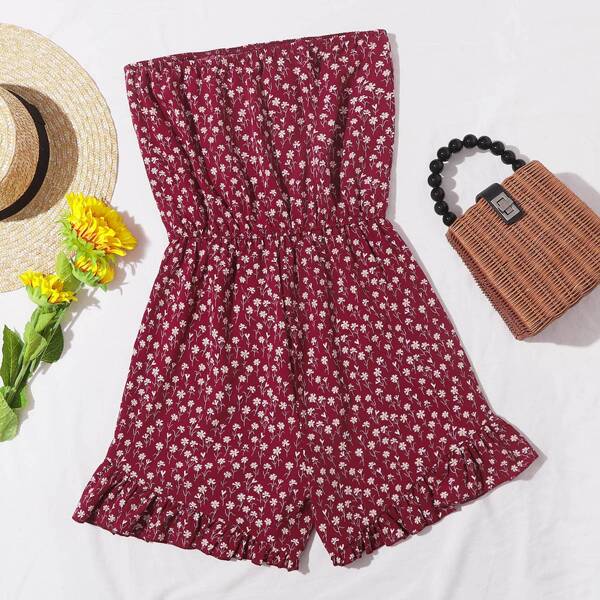 

Ditsy Floral Ruffle Hem Tube Romper, Burgundy