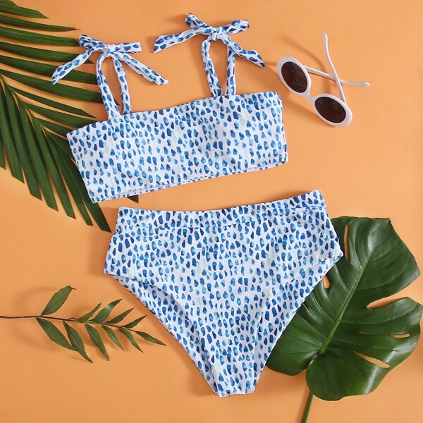 

Allover Print Tie Shoulder Bikini Swimsuit, Blue