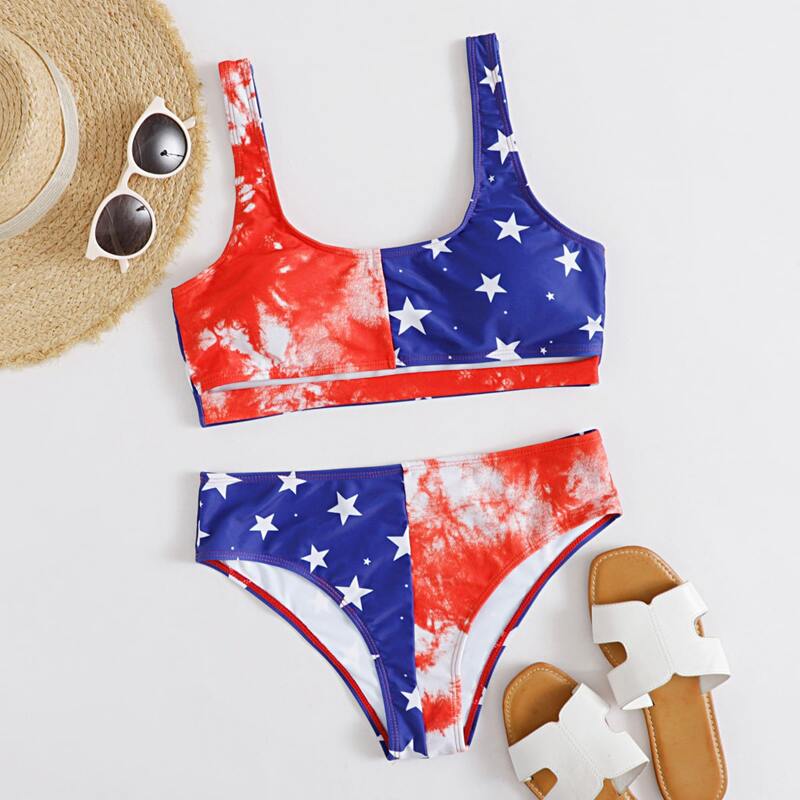 

Tie Dye & Star Print Bikini Swimsuit, Multicolor