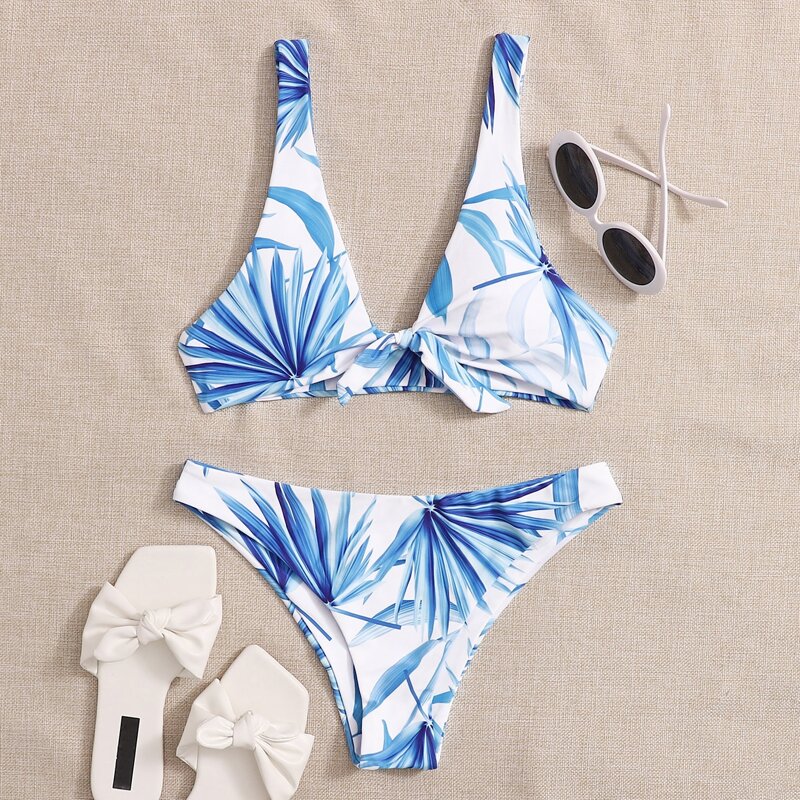 

Tropical Knot Front Bikini Swimsuit, Blue