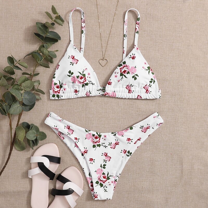

Floral Triangle High Cut Bikini Swimsuit, White