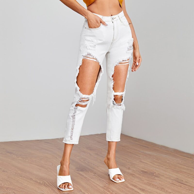 

Ripped Straight Leg Cropped Jeans, White