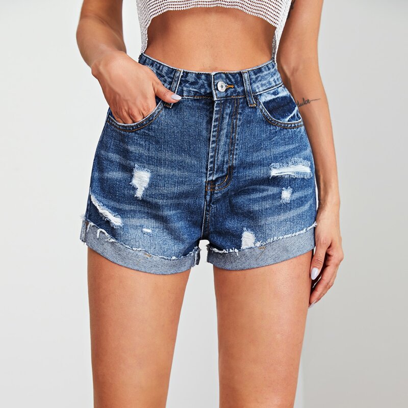 

Ripped Turn Up Hem Denim Shorts, Medium wash