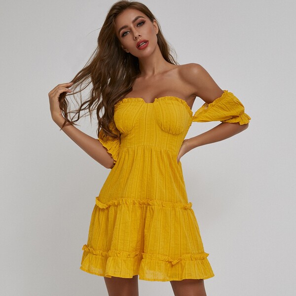 

Off Shoulder Frill Trim Swiss Dot Layered Dress, Yellow