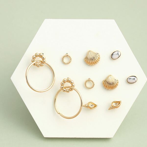 

5pairs Seashell And Mini Hoop Earrings, Gold