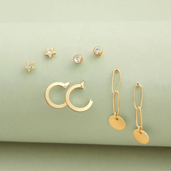 

4pairs Mini Hoop And Rhinestone Stud Earrings, Gold