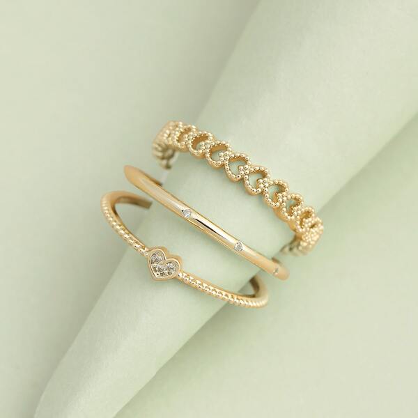 

Set Of Three Rhinestone Heart Stacking Rings, Gold