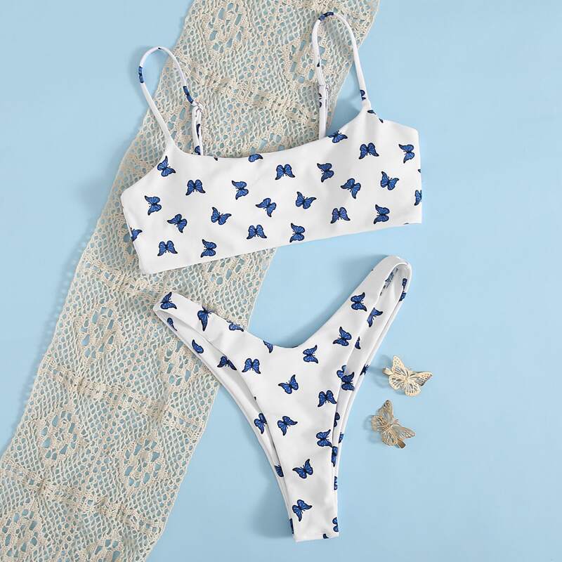 

Butterfly Print High Leg Bikini Swimsuit, White