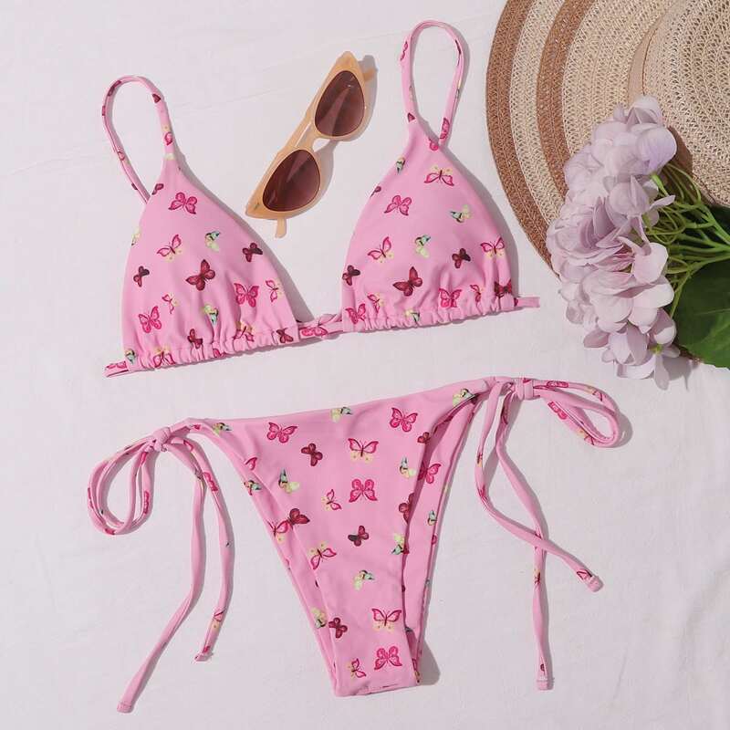 

Butterfly Print Triangle Tie Side Bikini Swimsuit, Pink