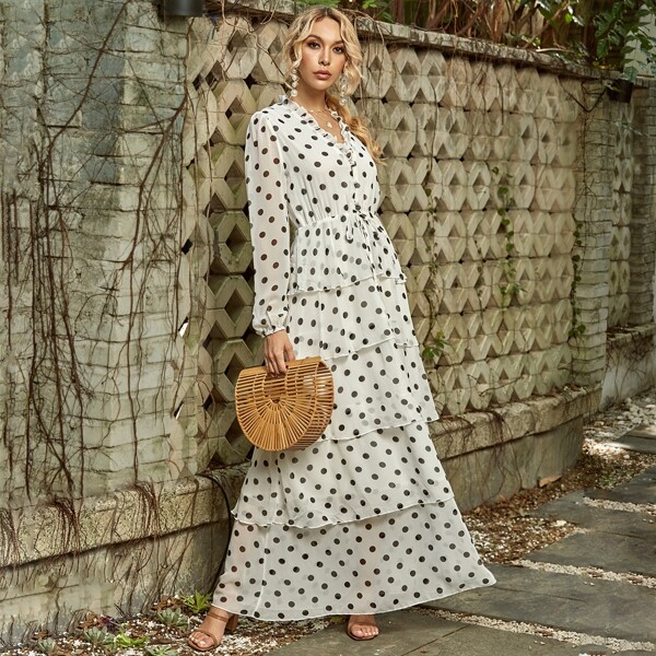 

Missord Button Tie Front Layered Polka Dot Dress, White