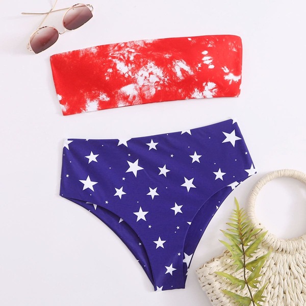 

Tie Dye & Star Print Bandeau Bikini Swimsuit, Multicolor