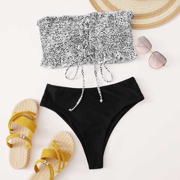 

Dalmatian Smocked Lace-up Bandeau Bikini Swimsuit, Black and white