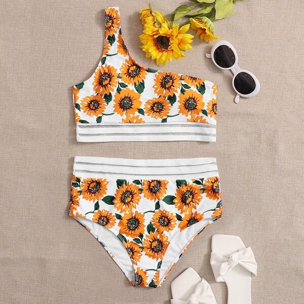 

Sunflower Print One Shoulder Bikini Swimsuit, Multicolor