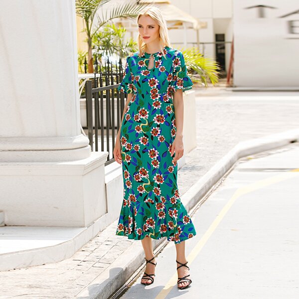 

Floral Print Mermaid Fitted Dress, Green