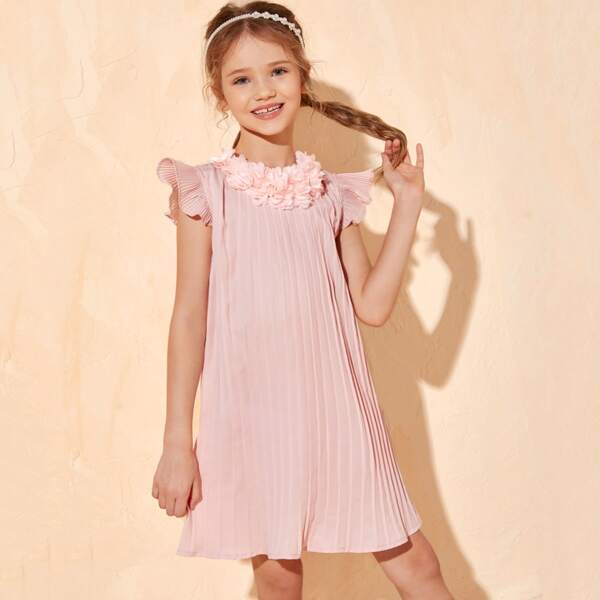 

Girls Flower Applique Flutter Sleeve Pleated Dress, Baby pink