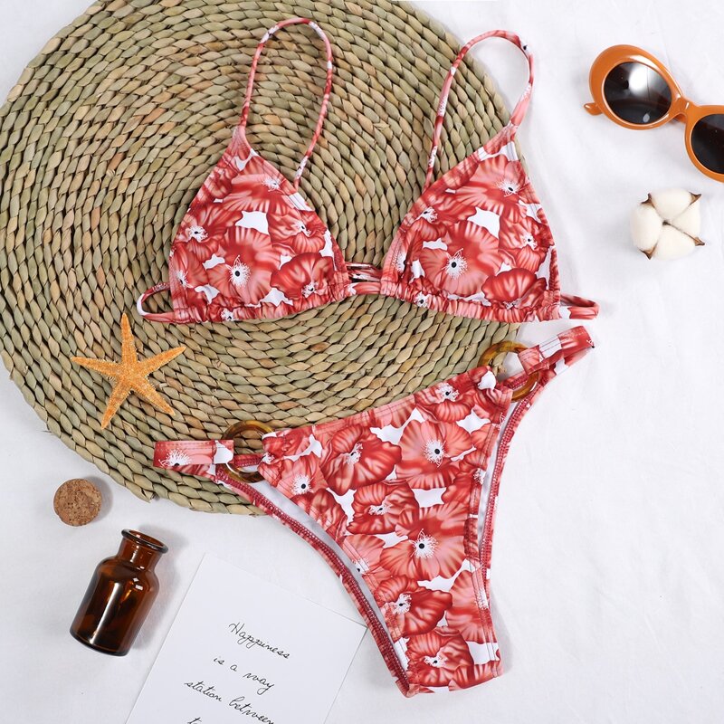 

Random Floral Triangle Tanga Bikini Swimsuit, Red