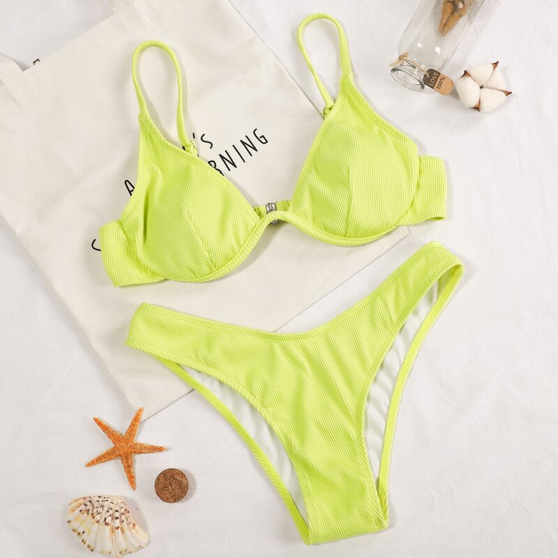 

Ribbed Underwire High Cut Bikini Swimsuit, Bright lime green