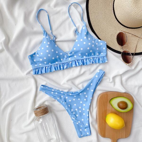 

Polka Dot Frill Trim High Cut Bikini Swimsuit, Blue