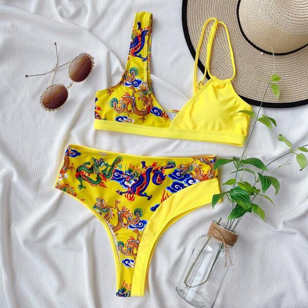 

Random Chinese Dragon Print High Waisted Bikini Swimsuit, Yellow