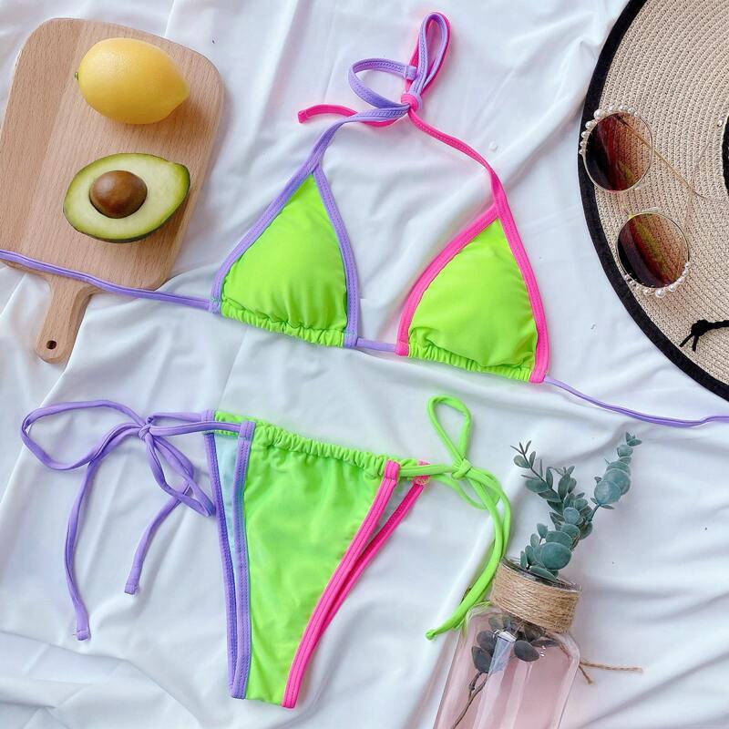 

Contrast Binding Triangle Tie Side Bikini Swimsuit, Multicolor