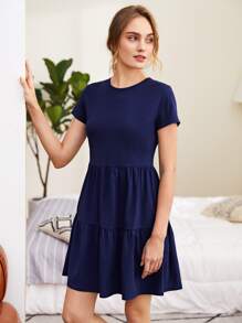 SHEIN LUNE Flounce Hem Solid Dress - Navy Blue - View 1