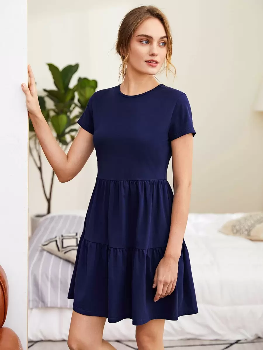SHEIN LUNE Flounce Hem Solid Dress - Navy Blue - View 1