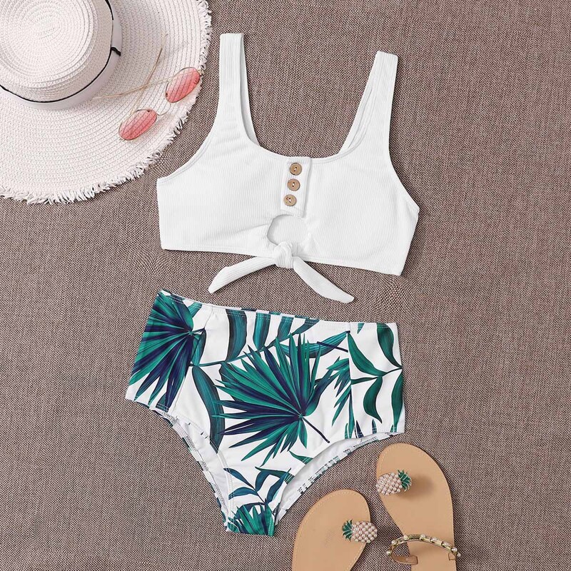 

Tropical Button Front Knot Hem Bikini Swimsuit, Multicolor