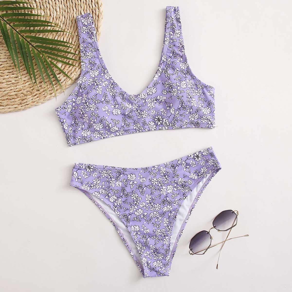 

Ditsy Floral Print Bikini Swimsuit, Pastel lilac purple