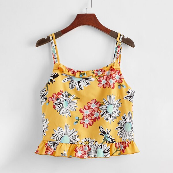 

Floral Frill Trim Tie Back Cami Top, Multicolor